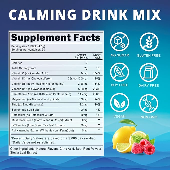 Cortisol Calm Drink Mix for Women &amp Men Calm Magnesium Glycinate Powder with Electrolytes Ashwagandha L-Theanine &amp Mushroom | Hydration Relaxation &amp Mood | Sugar Free 30 Ct (Raspberry