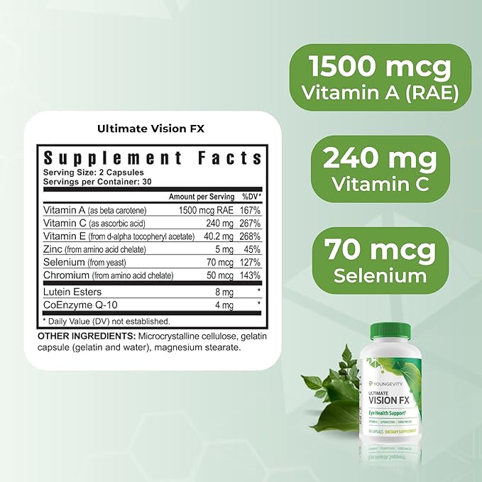 Youngevity Ultimate Vision FX™ - Eye Vitamin &amp Mineral Supplement Blend - Lutein CoQ10 Vitamins A C E Zinc Chromium Selenium for Eye Health (60 Capsules)