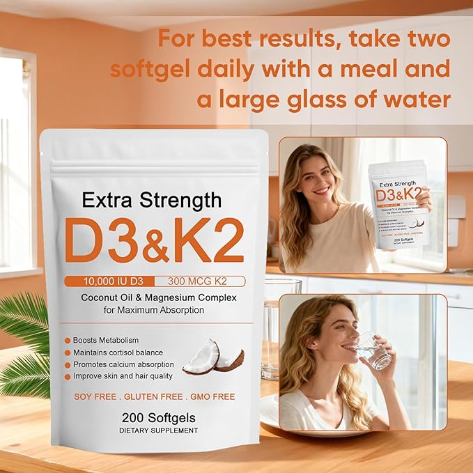 Vitamin D3 K2 Magnesium Complex Extra Strength D3 &amp K2 with Triple Magnesium Softgels D3 + K2 (Mk-7) | Support Bone &amp Immune | Improve Energy | Non-GMO 200 Softgels (1) (1)
