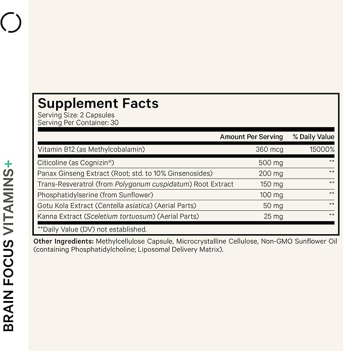 Codeage Brain Focus Vitamins+ Nootropic Supplement with Citicoline as Cognizin Panax Ginseng Resveratrol Gotu Kola Vitamin B12 Methylcobalamin - Liposomal Delivery - Non-GMO - 60 Capsules