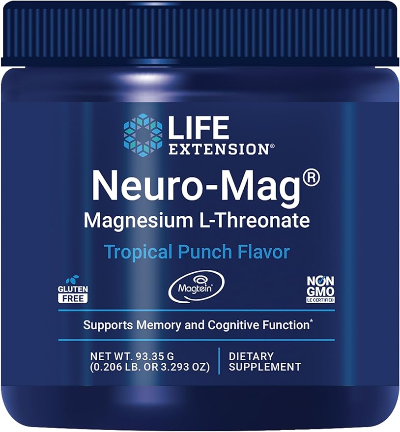 Life Extension Neuro-Mag Magnesium L-Threonate Powder (Tropical Punch) - Ultra-Absorbable Magnesium - Supports Memory Focus Cognitive Function &amp Mood - Gluten free Non-GMO Vegetarian (30 Servi