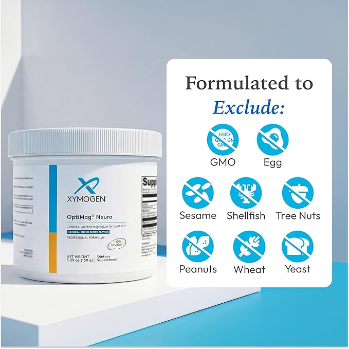 XYMOGEN OptiMag Neuro - Brain Health &amp Relaxation Support - Magnesium Glycinate &amp L-Threonate - Chelated Magnesium Powder - Mixed Berry Flavor - 5.29 Oz