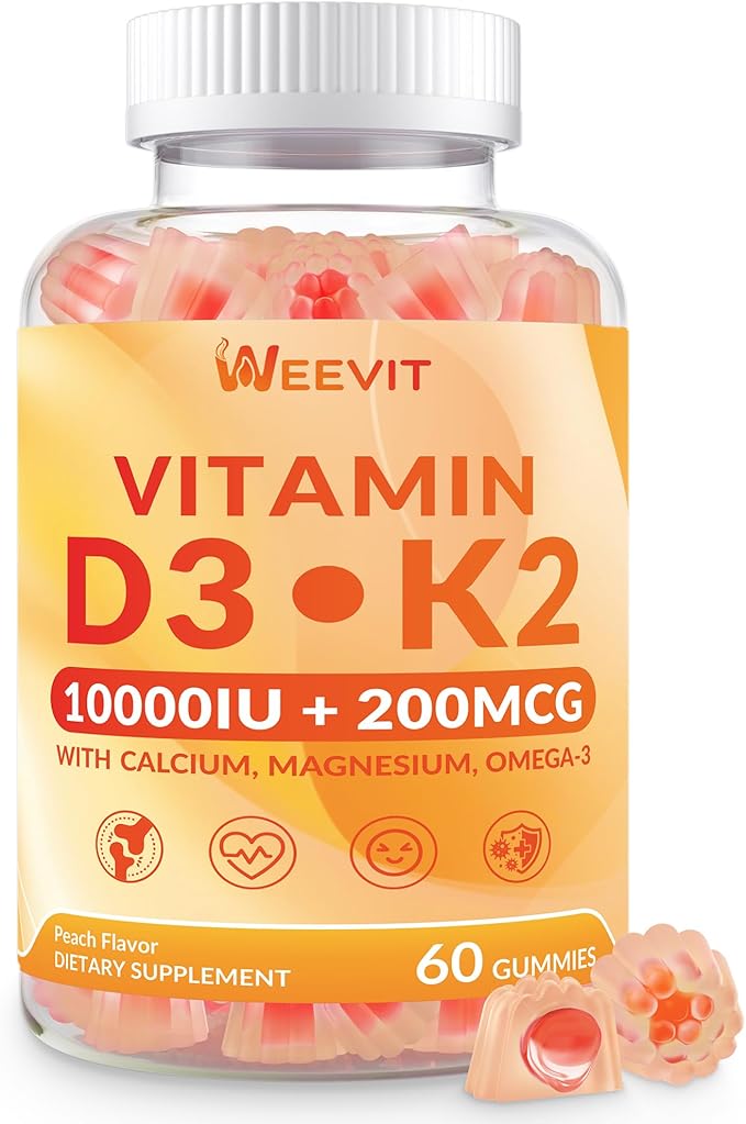 Vitamin D3 K2 Gummies Sugar Free Vitamin D3 K2 w/Calcium Magnesium Omega-3 Vitamin CB12 K2 D3 Supplement