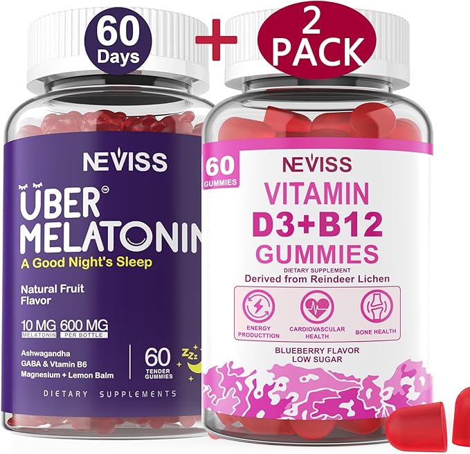 NEVISS Melatonin + Vitamin D3 &amp B12 Gummies Vegan 2+2=4 Pack