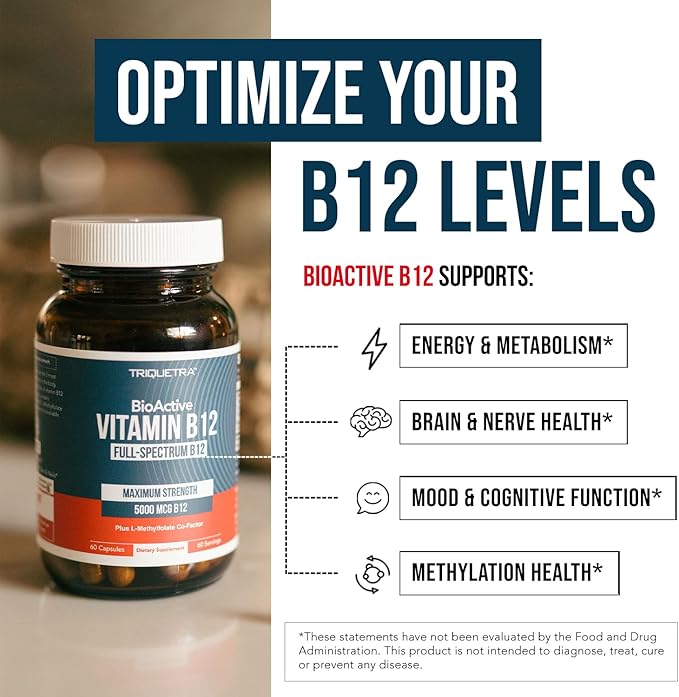 BioActive Vitamin B12 - 5000 mcg Contains 3 BioActive Forms B12 Plus Methylfolate Cofactor - Methyl B12 Adenosyl B12 &amp Hydroxy B12 | Supports Energy Metabolism &amp Mood | Vegan Non-GMO (60 S