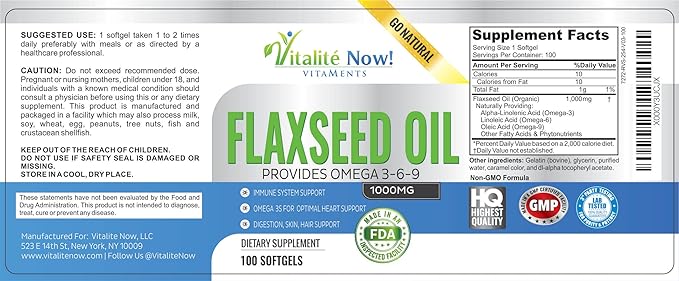Vitalité Now! Organic Flaxseed Oil Softgels - 1000mg Premium Virgin Cold Pressed from Flax Seeds - Hair Skin &amp Nails Support - Omega 3-6-9 Supplement - 100 Count - More Than 3 Month Supply!
