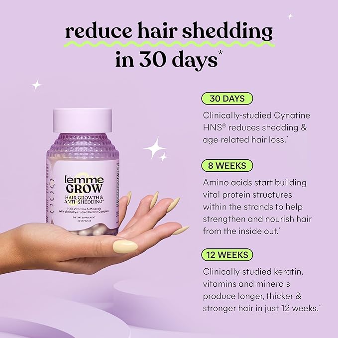 Lemme Grow Hair Growth Supplement for Women Clinically Proven Keratin Complex for Visibly Thicker Hair and Scalp Coverage Reduced Shedding Nourish Thinning Hair - 1 Month Supply