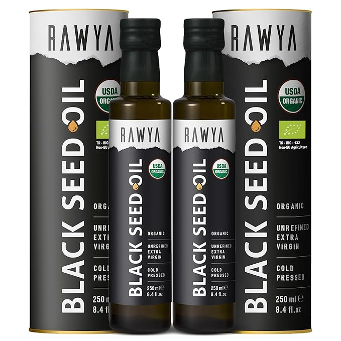 RAWYA Black Seed Oil - Organic Cold Pressed Nigella Sativa - Turkish Origin - USDA Organic - Natural Supplement - Black Cumin Seed Oil - Rich Flavor &amp High Concentration - 250ml Glass Bottle - 2 P