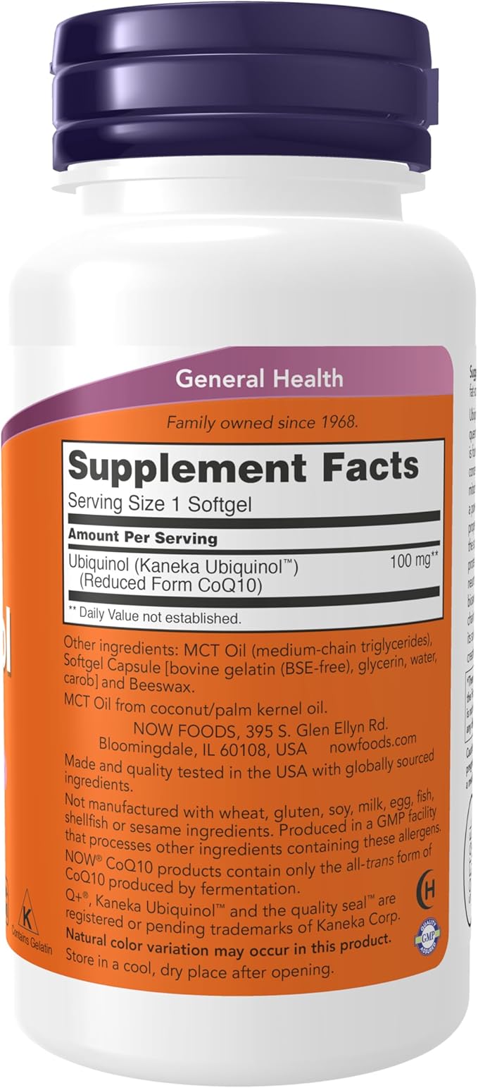 NOW Foods Supplements Ubiquinol 100 mg High Bioavailability (the Active Form of CoQ10) 60 Softgels