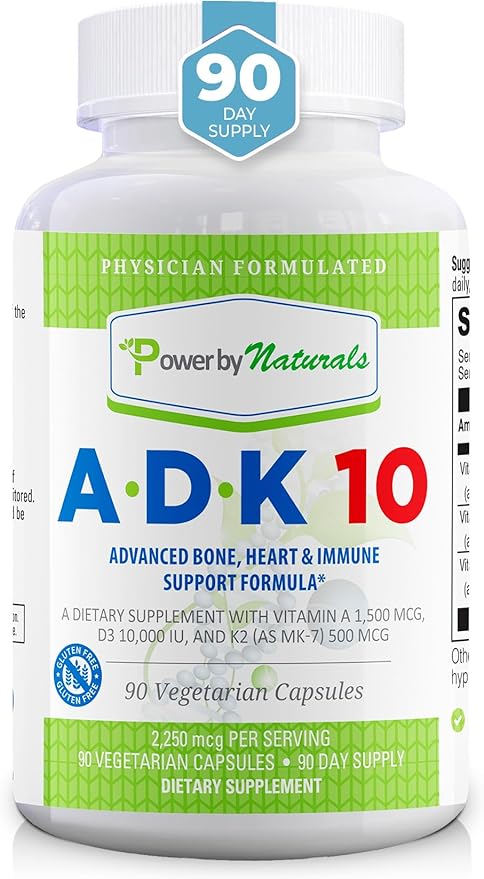 Power By Naturals ADK 10 Vitamin Supplement – Vitamins A D3 &amp K2 MK-7 for Bone Heart &amp Immune Health – Gluten-Free Soy-Free – 90 Capsules (3-Month Supply)