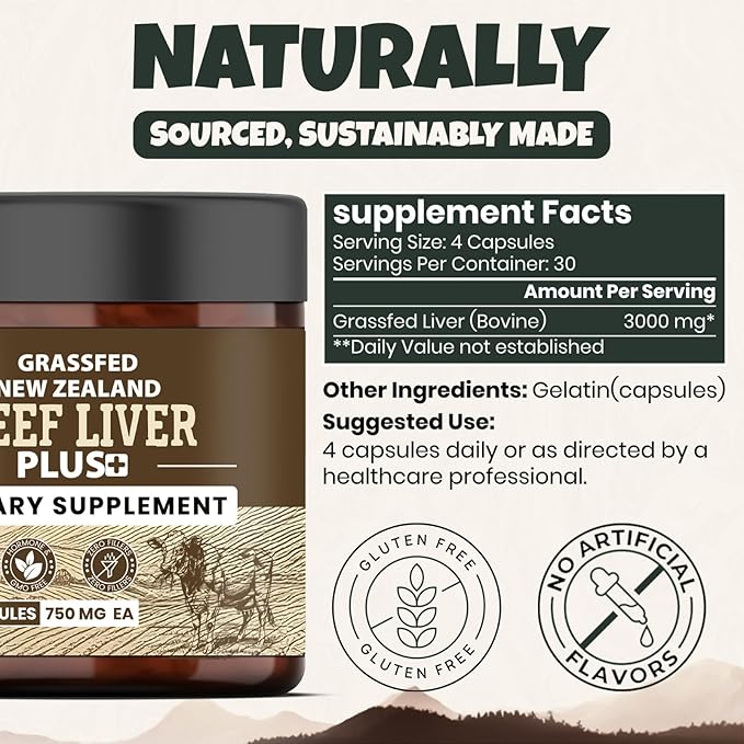 Grassfed Beef Liver Supplement - Supports Muscle Recovery &amp Energy - 3000mg Desiccated Organic Grassfed Capsules - 100% Pasture-Raised New Zealand Bovine Liver - Non-GMO &amp Gluten-Free - 120 Ca
