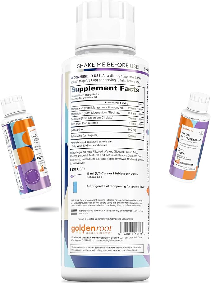 GLDN Magnesium Liquid Syrup - Nighttime Magnesium Glycinate with Rejen Fulvic Acid for Improved Absorption Key Electrolytes and L-Theanine for Sleep and Cortisol Support - Peach Iced Tea (16 fl.oz)