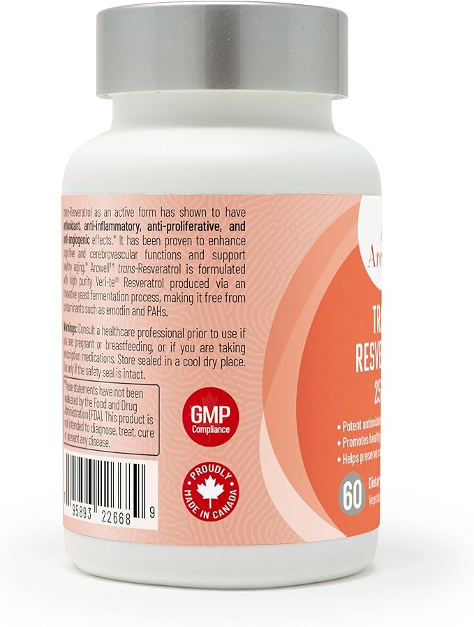 Arcwell Ultra Pure &gt99% Trans-Resveratrol 250 mg per Capsule - 60 Vegetable Capsules | High Potency Antioxidant | Highly Bioavailable