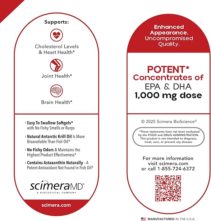 ScimeraMD® KrillOilMD Antarctic Krill Oil Omega 3 DHA EPA Supplement with Astaxanthin for Heart Brain and Joint Support 60 CT
