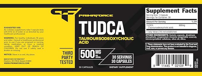 Primaforce TUDCA (Tauroursodeoxycholic Acid) 30 Servings 500mg Tudca Per Serving | Premium Quality Bile Salts - Gluten Free Non-GMO Supplement