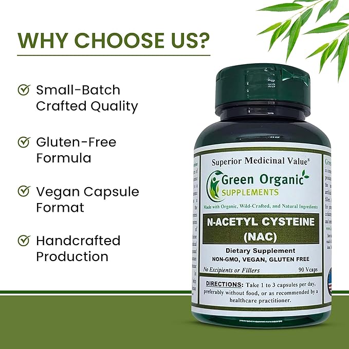 Green Organic Supplements' N-Acetyl Cysteine (NAC) 90 VCaps High Absorbable Non-GMO Gluten-Free | Balance Immune System and Supports Health (Pack of 1)