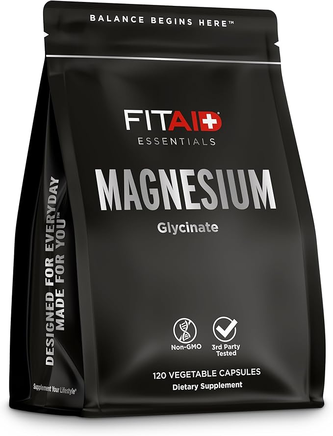 FITAID Essentials Magnesium Glycinate Capsules High Potency Recovery for Weightlifting Running Cycling Muscle Fatigue Relief Bone Health 2 Month Supply 120 Bioavailable Veggie Capsules