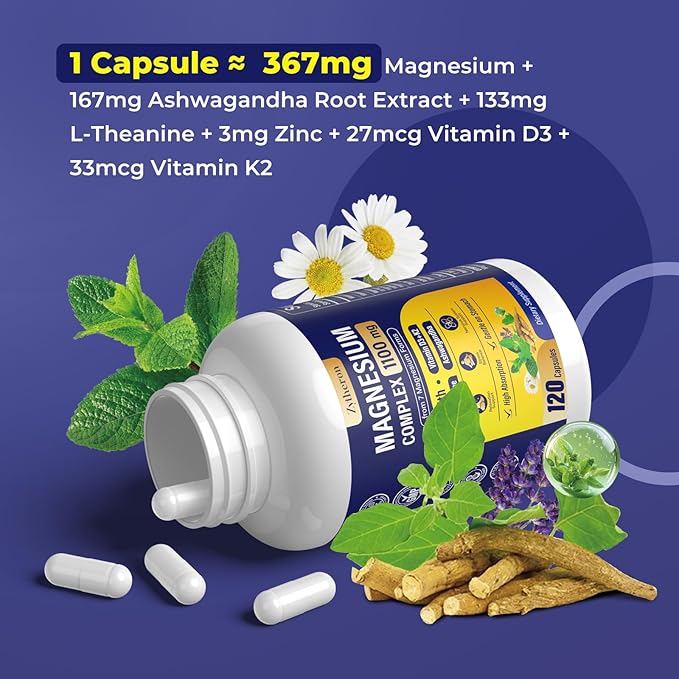 Magnesium Complex for Women &amp Men 1100mg 7-in-1 Magnesium Supplement with Ashwagandha &amp L-Theanine for Calm &amp Sleep Support High Absorption Vegan 120 Capsules