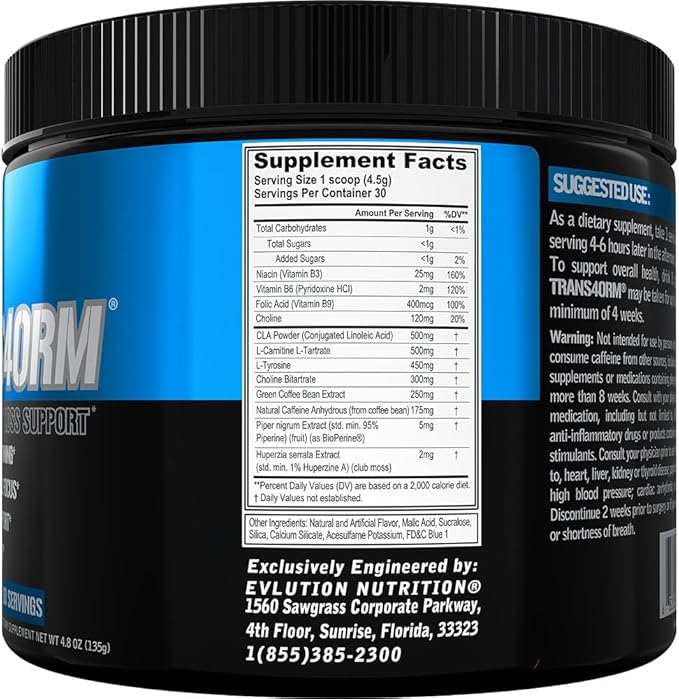 Evlution Thermogenic Fat Burning Support Powder Nutrition Trans4orm Fast Acting Energy Powder to Support Fast Metabolism Weight Loss and Mental Focus with CLA Carnitine and Alpha GPC - Blue Raz