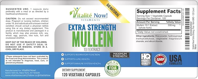 Extra Strength Mullein Capsules 10:1 Extract Respiratory &amp Immune Health Lung Cleanse 100% Pure Whole Herb Gluten Free Non-GMO 120 Count 4 Month Supply Made in the USA