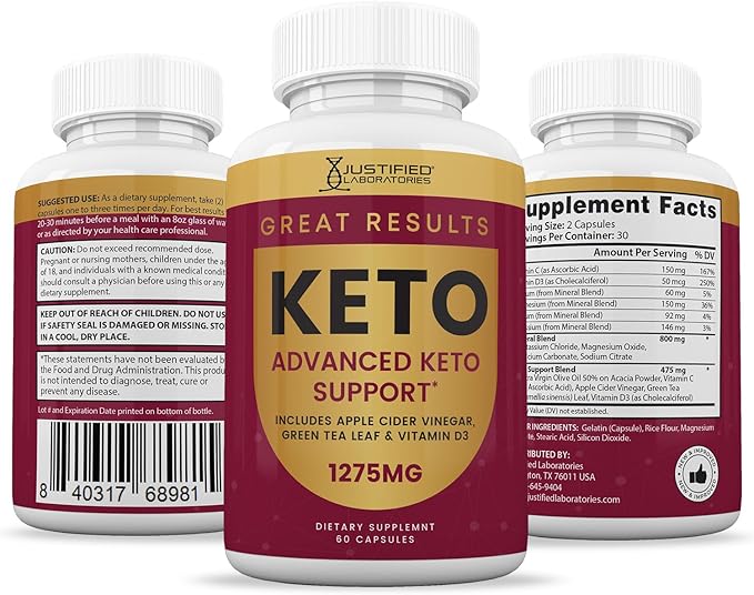 Justified Laboratories Great Results Keto ACV Pills 1275MG Formulated with Apple Cider Vinegar Keto Support Blend 60 Capsules (2 Bottles)