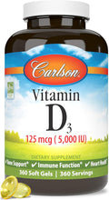 Carlson - Vitamin D3 5000 IU (125 mcg) Bone Health Muscle Health Cholecalciferol Vitamin D Supplements Vitamin D3 Soft Gels 360 Softgels