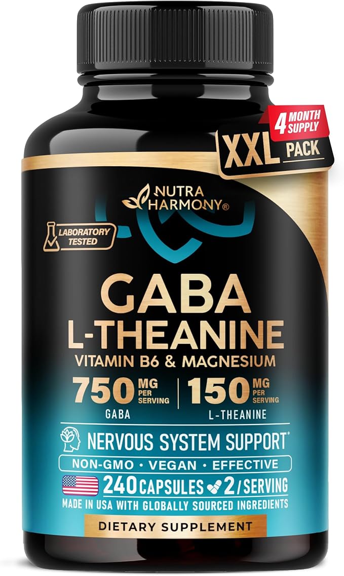 GABA L-Theanine 900 mg - Made in USA - Magnesium | Vitamin B6 - Calm Sleep Relaxation &amp Mood Support - 750 mg Gamma AminoButyric Acid 150 mg L-Theanine - Non-Habit Forming Vegan - 240 Capsules