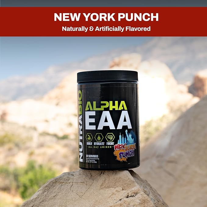 NutraBio Alpha EAA - All-Day Amino Acids for Muscle Growth and Hydration - Essential Amino Acids with Nootropics &amp Adaptogens- Full Spectrum EAA BCAA Powder - 30 Servings - New York Punch