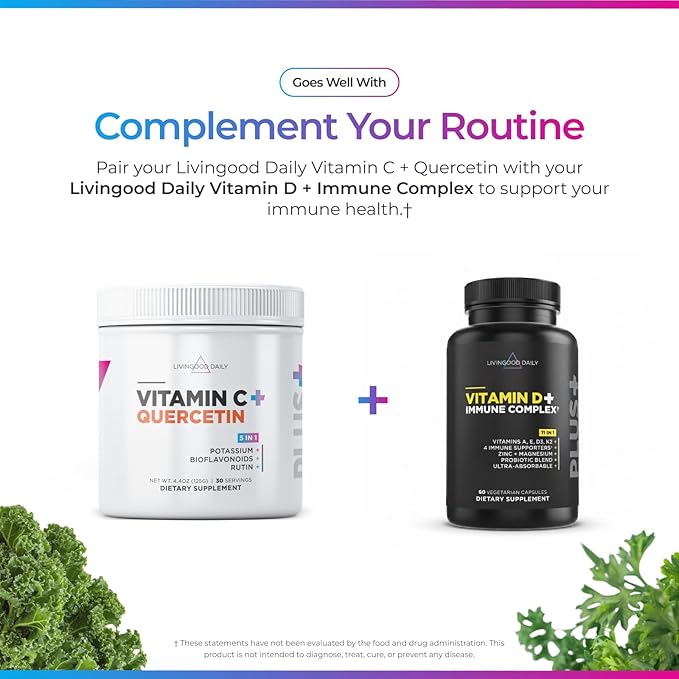 Livingood Daily High Dose Vitamin C Powder Supplement 2600 MG Ascorbic Acid Powder Supports Immunity &amp Skin Health Powdered Vitamin C with Quercetin Sweetened with Stevia Vegan 30 Servings