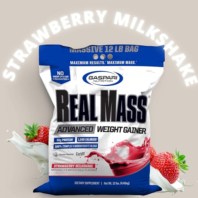 Gaspari Nutrition Real Mass: Advanced Weight Gainer Protein and Complex Carb Blend 50g Protein 16g EAAs Gluten-Free 12 lbs (Strawberry Milkshake)