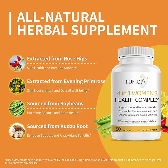 4-in-1 Women’s Hormonal Balance Complex Supplement | Rosehip Pueraria &amp Evening Primrose with Soy Isoflavones | Menstrual Cycle Menopause Energy Level &amp Healthy Skin Support