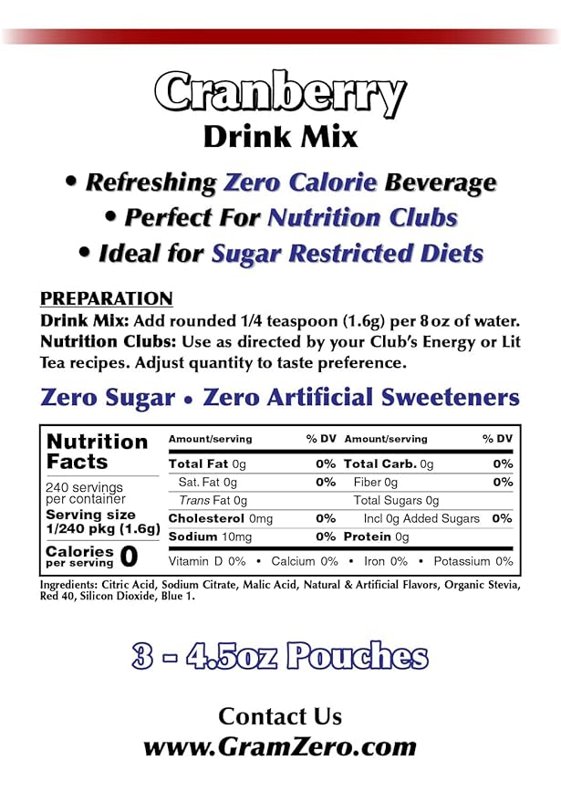 GramZero Cranberry Zero Calorie Sugar Free Drink Mix Great For Nutrition Club Loaded Tea Stevia Sweetened