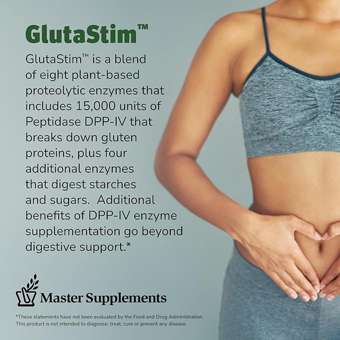 Master Supplements GlutaStim - 30 Vegetable Capsules - Gluten Digestion Support - Provides Digestive Support + Gas &amp Bloating Relief - Vegan Gluten Free - 30 Servings