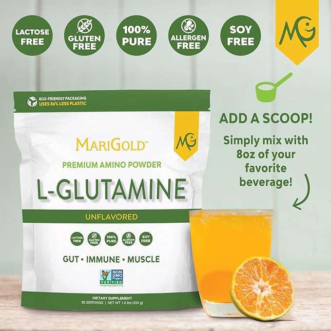 MariGold Pure Unflavored L-Glutamine Powder - Healthy Gut Immune and Muscle Support Non-GMO Gluten Free Soy &amp Allergen Free (5g / 5000mg per Serving)