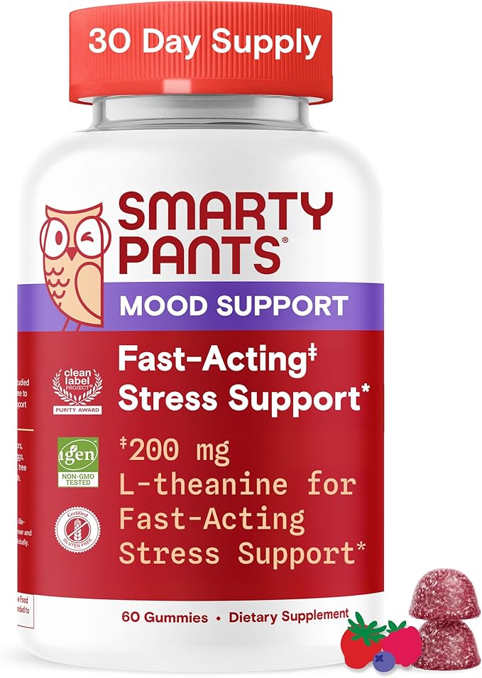 SmartyPants Adult Stress Support Gummies: Fast-Acting Calm &amp Mood Support with L-Theanine 200mg &amp Ashwagandha (Sensoril) Non-Drowsy Mixed Berry Flavor 60 Count (30 Day Supply)