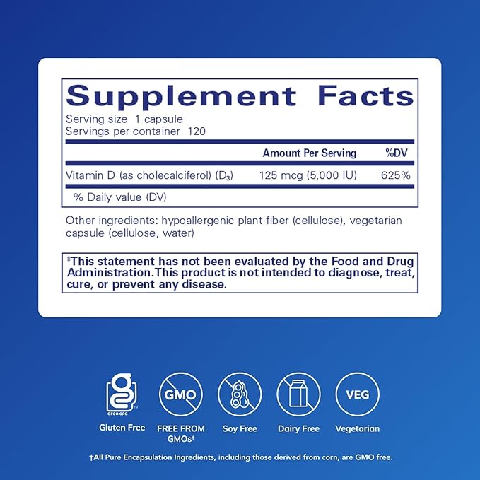 Pure Encapsulations Vitamin D3 125 mcg (5000 IU) - Supplement to Support Bone Joint Breast Heart Colon and Immune Health* - with Vitamin D - 120 Capsules
