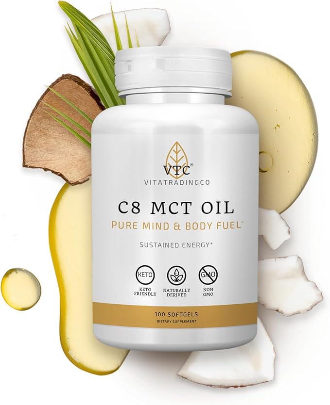 VTC VitaTradingCo. C8 MCT Oil Capsules | Naturally Derived Caprylic C8 Supplement | Coconut Oil Pills | Sustained Energy | Keto Friendly Non GMO | 100 Softgels