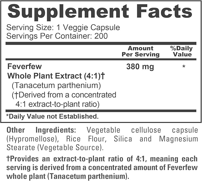 NusaPure Feverfew Capsules 380 mg 200 Veg Capsules (Non-GMO Gluten Free)