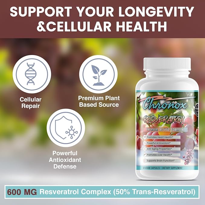 Chronox 600mg Resveratrol Supplement – Plant-Based Antioxidant from Polygonum Cuspidatum – Vegan Non-GMO Gluten-Free – 60 Capsules