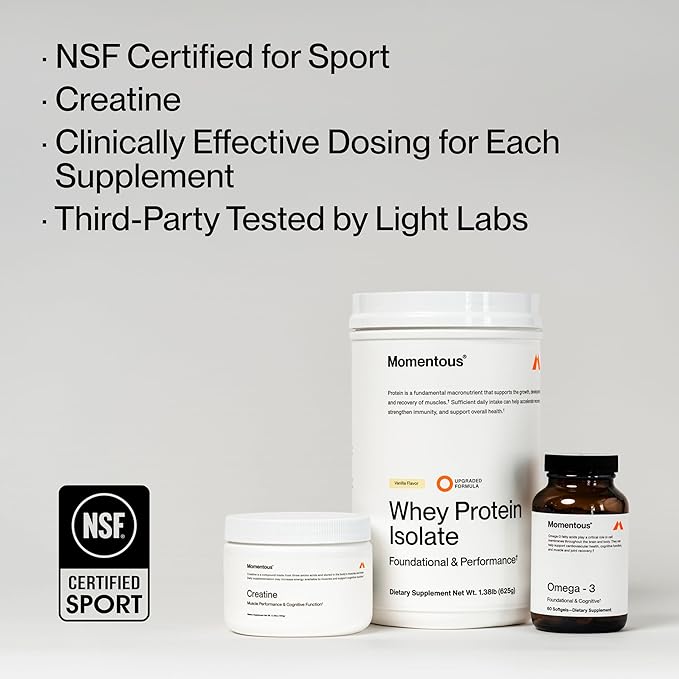 Momentous Three - Creatine Monohydrate Powder (30 Servings) Grass-Fed Whey Protein Powder (Chocolate) &amp Omega-3 Fish Oil 1600mg - Daily Essentials for Strength Performance &amp Lean Muscle Reco