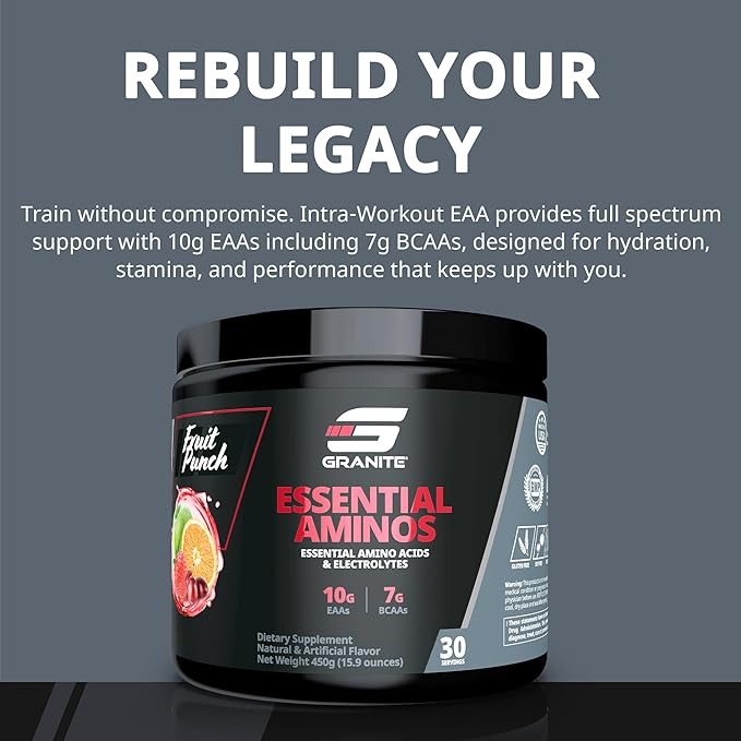 Granite Essential Amino Acids Powder for Muscle Recovery and Growth with 10g EAAs and 7g BCAAs - Soy-Free Gluten-Free 448g (30 Servings) Fruit Punch Flavor