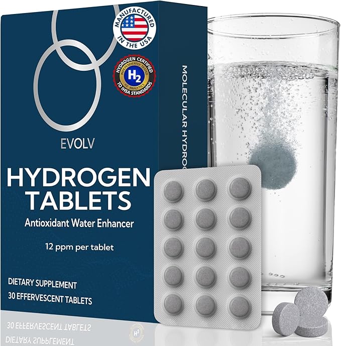 EVOLV Hydrogen Water Tablets – 12 PPM Molecular Hydrogen for Hydrogen-Rich Drinking Water - Powerful Antioxidant Support Boost Hydration &amp Immunity with Elemental Magnesium &amp Calcium - 30 Tab