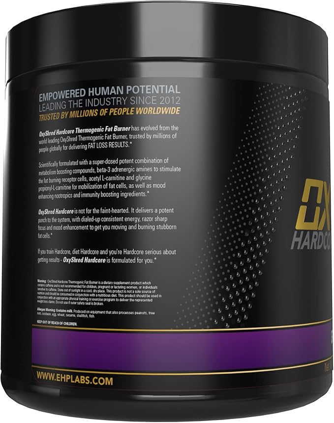 EHP Labs OxyShred Hardcore Super Dosed Pre Workout Powder - Preworkout Powder with L Glutamine &amp Acetyl L Carnitine Energy Boost Drink - 275mg of Caffeine - Grape Bubblegum 40 Servings
