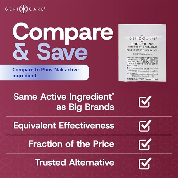 GeriCare Phosphorus Supplement Powder Packets Strawberry Flavor Supports Bone Strength &amp Energy Metabolism Nerve and Muscle Support Electrolyte Mineral Supplement 1.5g Each Packet (Box of 10
