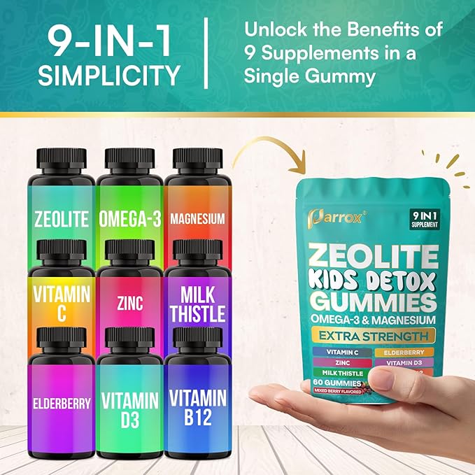 Zeolite Kids Gummies 9-in-1 with Zeolite Omega-3 Magnesium Elderberry Vitamin C Milk Thistle Vitamin D3 Zinc B12 – Sugar-Free (60 Gummies – Mixed Berry Flavor)