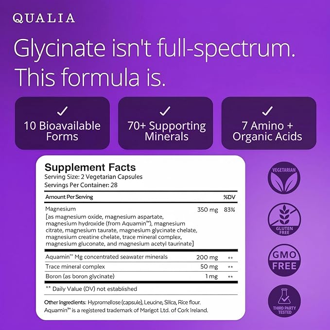 Qualia Magnesium+ | Doctor-Formulated. Premium Formula | High Bioavailability | 10 Forms of Magnesium &amp 70+ Minerals | Relaxed Mood restful Sleep &amp Exercise Recovery | 1 Month Supply