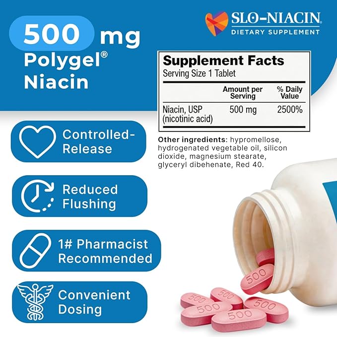 Slo-Niacin Slow Release Niacin 500mg – Vitamin B3 Supplement for Heart Wellness – Flush-Free B3 Vitamins for Cholesterol &amp Cardiovascular Support – 100 Tablets
