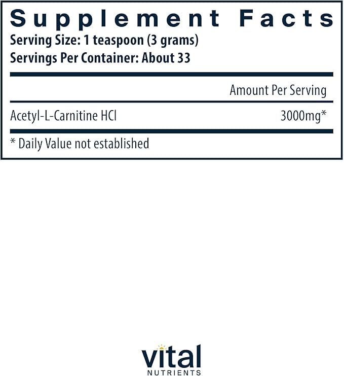 Vital Nutrients Acetyl L-Carnitine Powder - Brain Memory and Cognitive Support Supplement* - Vegan - Gluten Dairy Soy Free - Non-GMO - 100 Grams