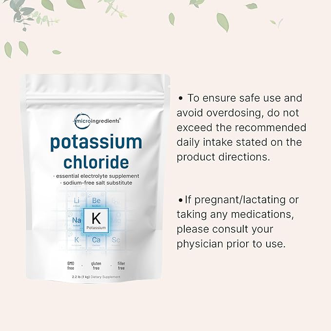 Potassium Chloride Powder 1 KG (35 Ounce) | Salt Substitute &amp Essential Hydration Electrolyte Supplement | Supports Mineral Balance Heart Joint and Immune Health | Filler Free Dissolves Easil