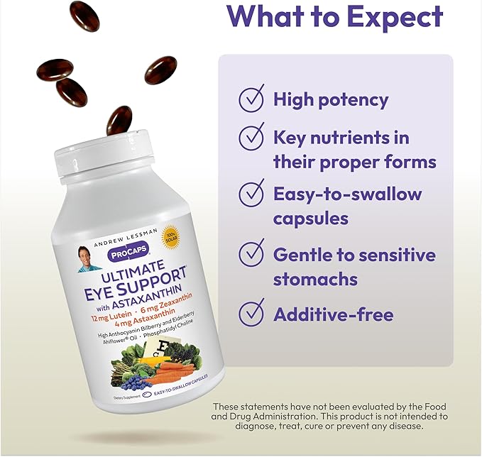 ANDREW LESSMAN Ultimate Eye Support with Astaxanthin 180 Softgels - 12mg Lutein 6mg Zeaxanthin 4mg Astaxanthin Bilberry. Key Nutrients to Support Eye Health Promote Healthy Vision. No Additives